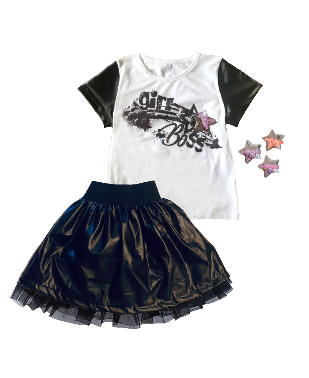 Mi Amore Gigi Little and Big Girls Graphic Interchangeable 3D Star Top & Faux Leather Skirt Set