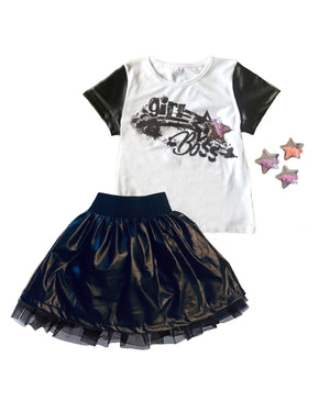 Mi Amore Gigi Little and Big Girls Graphic Interchangeable 3D Star Top & Faux Leather Skirt Set