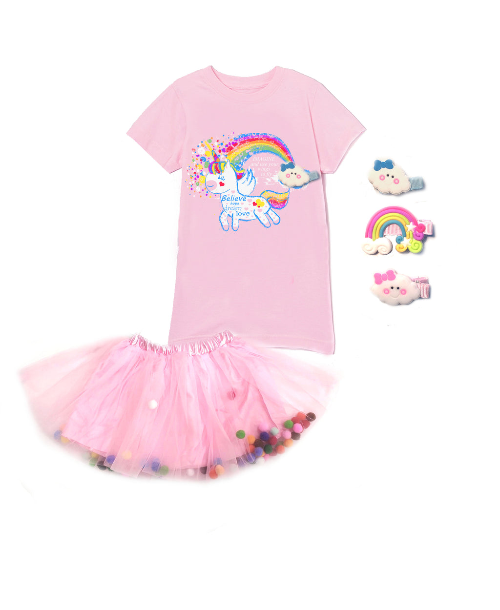 Interchangeable Unicorn & Cloud Unicorn Graphic Top & Pom Pom Tutu Skirt.